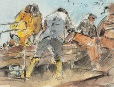 ‡ WILLIAM SELWYN (Welsh b. 1933) mixed media - figures potato picking from the conveyor, signed,