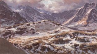 ‡ DAVID WOODFORD (British, lives, works Wales b. 1938) oil on board - entitled verso 'Cwm Idwal,