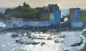 ‡ DAI DAVID (Welsh b. 1968) acrylic on card - entitled verso 'Summer Morning, Tenby' on Albany