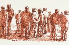 ‡ ANEURIN JONES (Welsh 1930-2017) pen on paper - group of flat-capped standing farmers, signed, 32 x