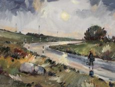 ‡ EDWIN FORREST (Welsh 1918-2002) oil on board - entitled verso 'Lone Traveller, Denbigh Moor No.1',