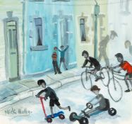 ‡ NICK HOLLY (Welsh b. 1968) oil on canvas laid to board - entitled verso 'The Race' on Albany