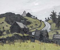 ‡ SIR KYFFIN WILLIAMS RA (Welsh 1918-2006) oil on canvas - hillside with barns, lane and distant