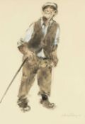 ‡ WILLIAM SELWYN (Welsh b. 1933) mixed media - standing portrait of a jolly farmer, signed, 38 x
