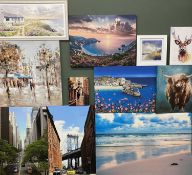GROUP OF CONTEMPORARY PRINTS ON CANVAS, including coastal views, structures, and animals, 80 x