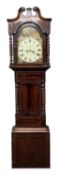 VICTORIAN FLAME MAHOGANY LONGCASE CLOCK, hood with swan neck pediment, decorative painted dial
