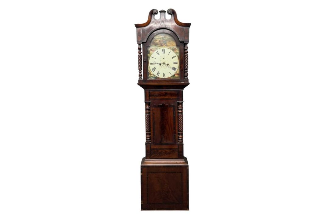 VICTORIAN FLAME MAHOGANY LONGCASE CLOCK, hood with swan neck pediment, decorative painted dial - Image 1 of 2