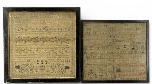 TWO 19TH CENTURY NEEDLEWORK SAMPLERS, Rebecca Pearce, 32cms², and Metcalf, 29 x 31cms, both
