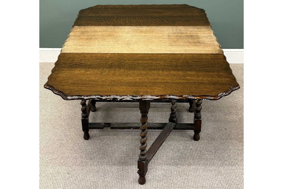 OAK GATELEG DINING TABLE, with wavy edge, twist supports, 73 (h) x 51 / 153 (w) x 106cms (d); and - Image 3 of 4