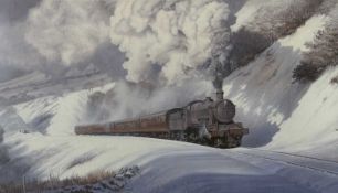 ‡ IFOR PRITCHARD (Welsh, 1940-2010) colour print - steam train in snow, signed in pencil, 34.5 x