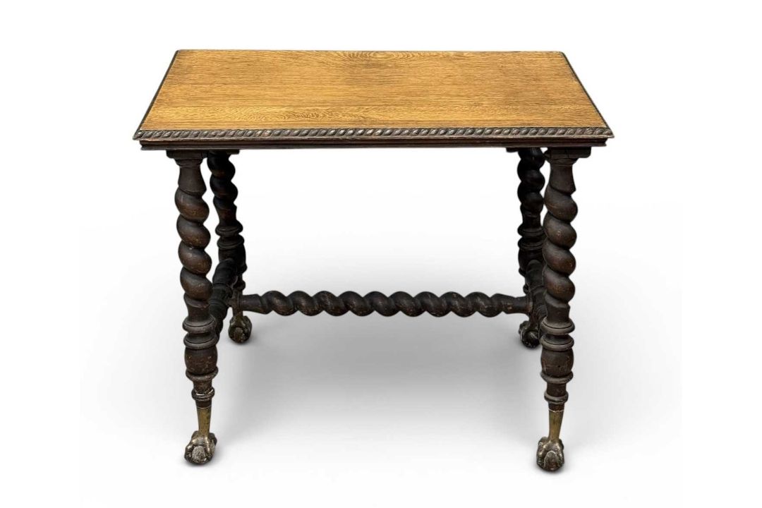 VICTORIAN OAK OBLONG SIDE TABLE, twist supports, brass and wooden ball-claw feet, 71 (h) x 92 (w) - Image 1 of 6