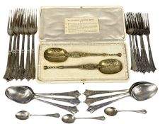 CASED PAIR OF GILT METAL CORONATION ANOINTING SPOONS, and a part canteen of plated cutlery