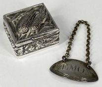 GEORGIAN SMALL SILVER DECANTER LABEL 'LEMON', with chain; and a white metal patch box embossed