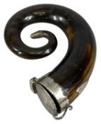 19TH CENTURY SCOTTISH RAM'S HORN SNUFF MILL, white metal hinged lid with monogrammed plaque beneath,