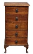 VINTAGE OAK NARROW CHEST, with five drawers, on cabriole supports, 91 (h) x 42 (w) x 37cms (d)
