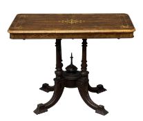 ATTRACTIVE VICTORIAN WALNUT SIDE TABLE, with inlaid top and on quatrefoil base, 68 (h) x 90 (w) x