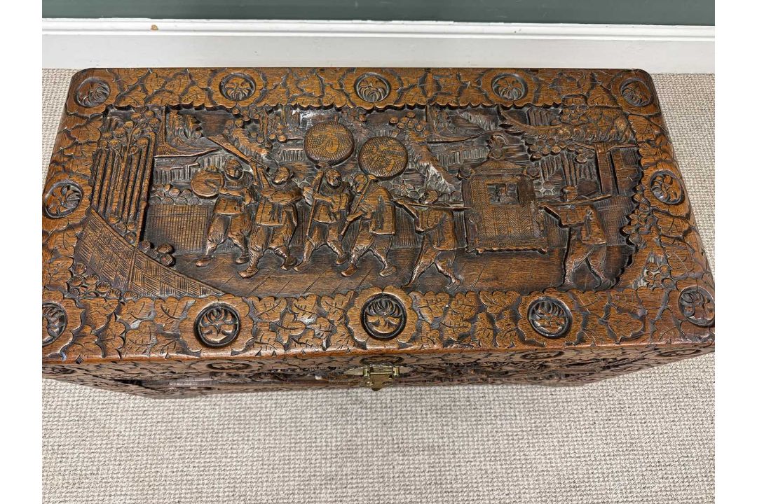 GOOD CHINESE CARVED CAMPHOR WOOD CHEST, 51 (h) x 94 (w) x 46cms (d) Provenance: private collection - Image 6 of 6