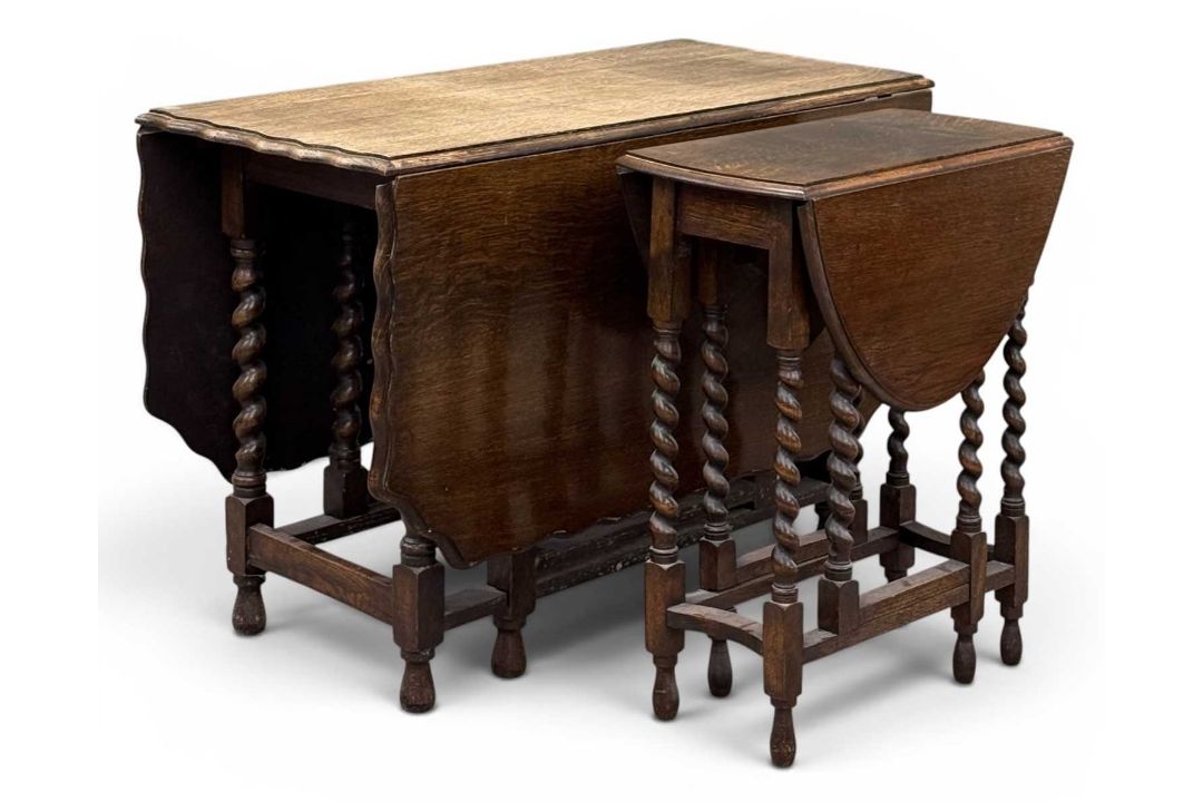 OAK GATELEG DINING TABLE, with wavy edge, twist supports, 73 (h) x 51 / 153 (w) x 106cms (d); and - Image 1 of 4