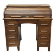 EDWARDIAN OAK ROLL-TOP DESK on twin pedestals, four drawers, 99 (h) x 107 (w) x 68cms (d)