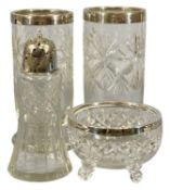 SILVER-MOUNTED CUT GLASS WARE, comprising a pair of cylindrical pedestal vases, 18cms (h);