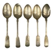 FIVE VARIOUS SILVER TEASPOONS, assorted hallmarks, 2.5ozt Provenance: private collection Conwy