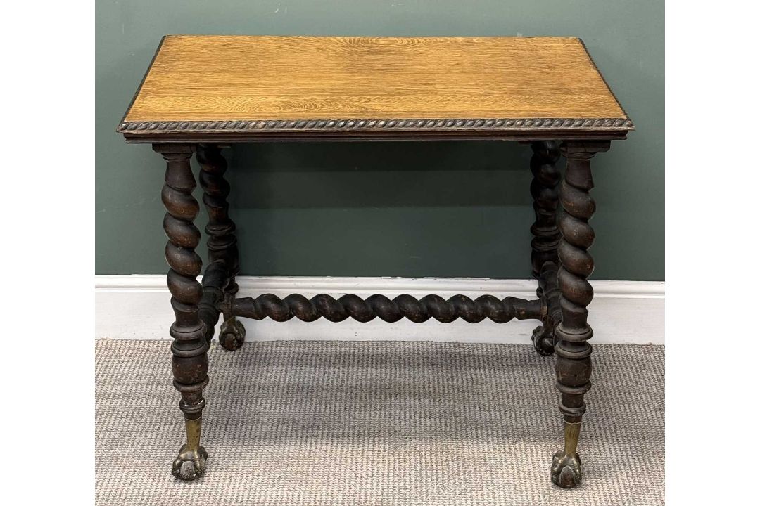 VICTORIAN OAK OBLONG SIDE TABLE, twist supports, brass and wooden ball-claw feet, 71 (h) x 92 (w) - Image 2 of 6