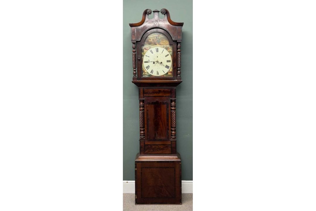 VICTORIAN FLAME MAHOGANY LONGCASE CLOCK, hood with swan neck pediment, decorative painted dial - Image 2 of 2