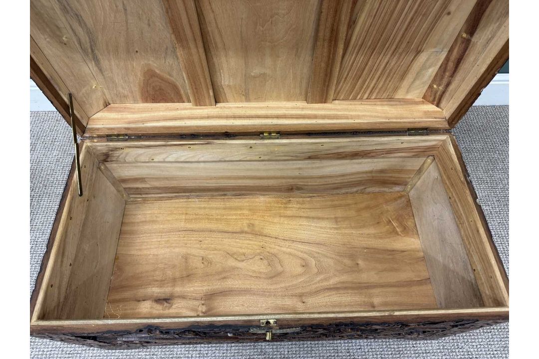GOOD CHINESE CARVED CAMPHOR WOOD CHEST, 51 (h) x 94 (w) x 46cms (d) Provenance: private collection - Image 3 of 6