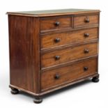 VICTORIAN MAHOGANY CHEST of two over three long drawers, turned knob and bun feet, 100 (h) x 118 (w)