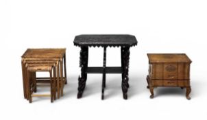 CARVED FURNITURE, to include two-tier ebonised table, 65 (h) x 68 (w) x 38cms (d); nest of four