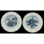 TWO BRISTOL BIANCO SOPRA BIANCO DELFTWARE PLATES, one with landscape, the other with peonies, each