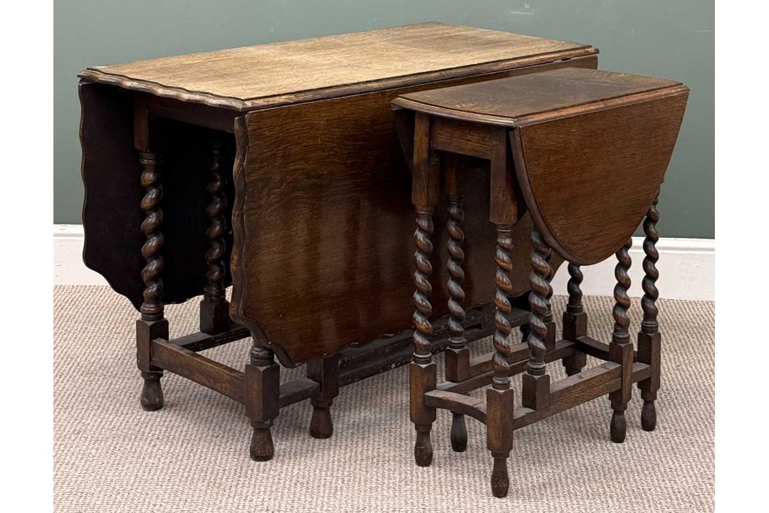 OAK GATELEG DINING TABLE, with wavy edge, twist supports, 73 (h) x 51 / 153 (w) x 106cms (d); and - Image 2 of 4