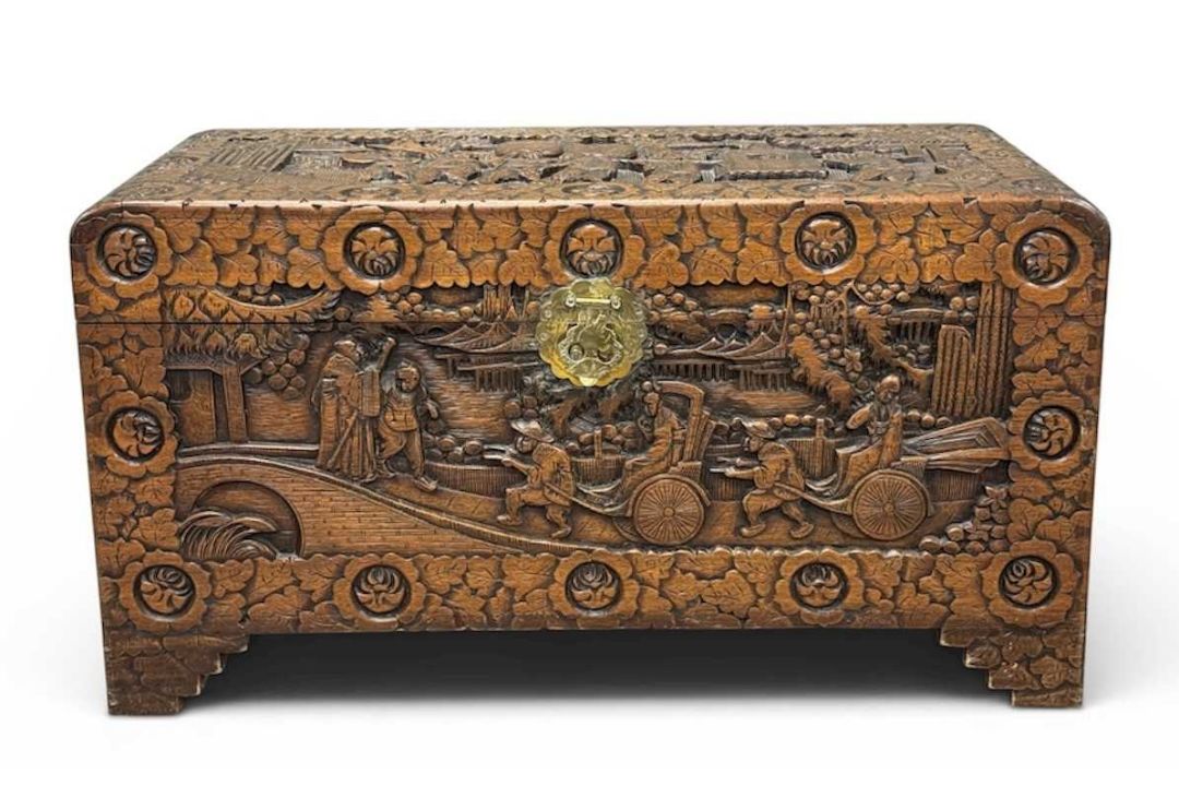 GOOD CHINESE CARVED CAMPHOR WOOD CHEST, 51 (h) x 94 (w) x 46cms (d) Provenance: private collection - Image 1 of 6