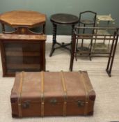 FURNISHING ASSORTMENT, to include wooden banded trunk, octagonal-top tea table, two plate stands,