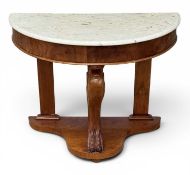 VICTORIAN WALNUT HALF-MOON CONSOLE TABLE having marble top, claw supports, 70 (h) x 91 (w) x