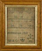 NEEDLEWORK ALPHABET SAMPLER, Jill Morton, 1861, 26 x 20cms Provenance: private collection
