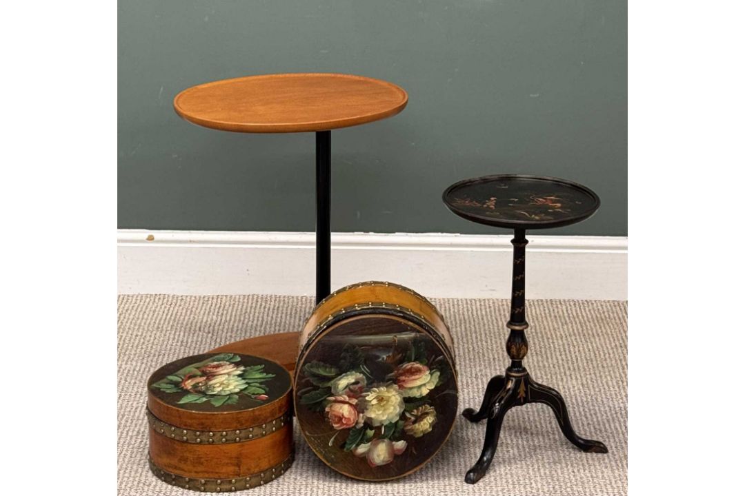 CHINOISERIE TYPE TRIPOD WINE TABLE, circular tray top, 52 (h) x 30cms (diam.); modern 'over the - Image 2 of 3
