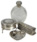 SILVER COLLECTABLES, including circular ring box, heart-shaped pin dish, rectangular box with hinged