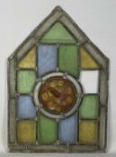 19TH CENTURY LEADED GLASS WINDOW PANELS, including one with heraldic shield, 55 x 60cms; three
