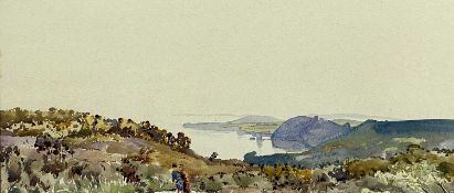 NORMAN ELLISON (British, 20th century) watercolour - coastal scene, figures walking in foreground,