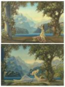 ROBERT ATKINSON FOX pair of 1920s colour prints - figures in mountainous landscape, published Borin,