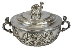 VICTORIAN SILVER CIRCULAR TWO-HANDLED COVERED POT, the body with repoussé crest for Worshipful