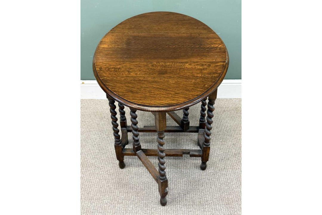 OAK GATELEG DINING TABLE, with wavy edge, twist supports, 73 (h) x 51 / 153 (w) x 106cms (d); and - Image 4 of 4