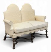 CAROLEAN STYLE TWO-SEATER SETTEE, circa 1900s, neatly upholstered, walnut frame, with crinoline