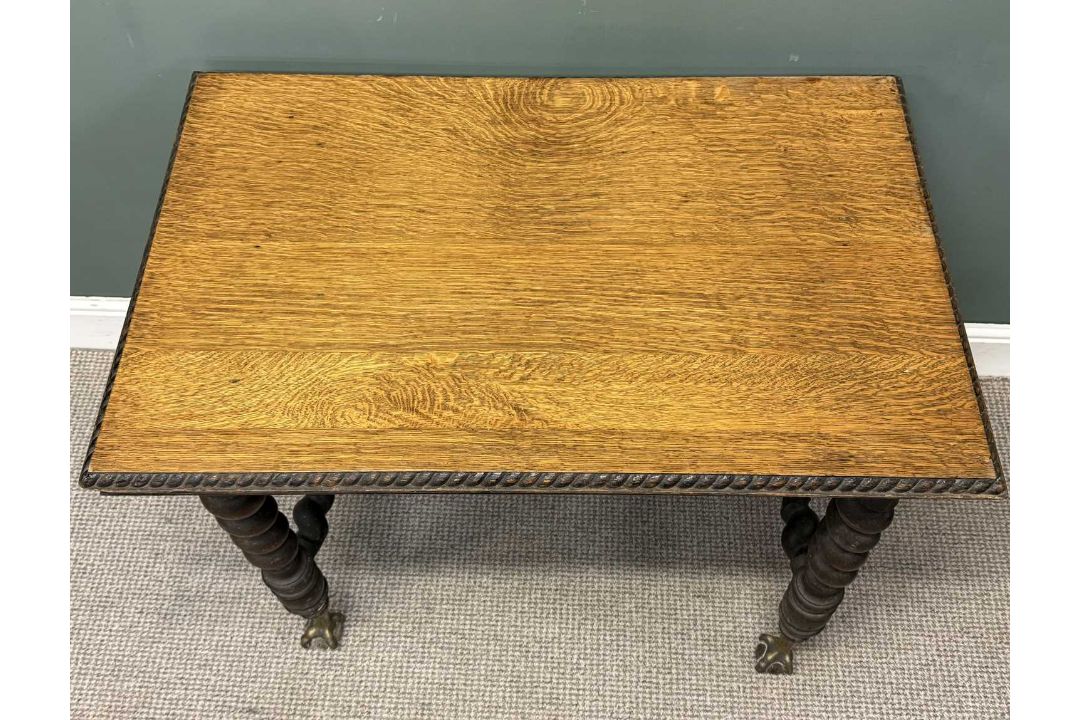 VICTORIAN OAK OBLONG SIDE TABLE, twist supports, brass and wooden ball-claw feet, 71 (h) x 92 (w) - Image 3 of 6