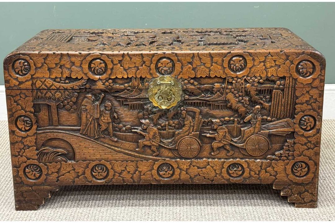 GOOD CHINESE CARVED CAMPHOR WOOD CHEST, 51 (h) x 94 (w) x 46cms (d) Provenance: private collection - Image 2 of 6