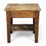 PRIMITIVE WOODEN WORK TABLE OR BUTCHER'S BLOCK having lower shelf, 94 (h) x 91 (w) x 65.5cms (d)