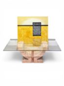 A FURNISHING PRINT & A CONTEMPORARY GLASS-TOPPED COFFEE TABLE, 46 (h) x 130 (l) x 70cms (d);