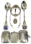 ASSORTED SILVER COLLECTABLES, including three vesta cases, two teaspoons with enamel handles,