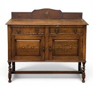EDWARDIAN OAK RAIL BACK SIDEBOARD, with two doors and two drawers, on twist supports, 109 (h) x